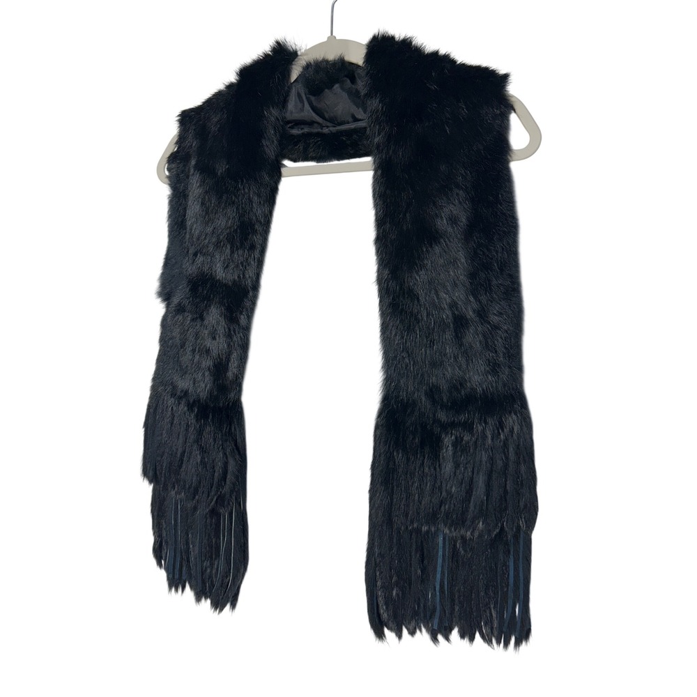 Renees New York Black Fur Scarf with Fringe Satin Lining Luxury Winter Wrap